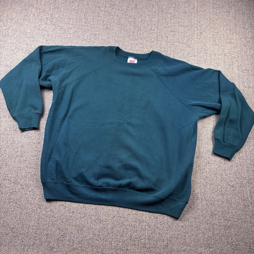 Vintage 90s Hanes Plain Teal Crewneck Sweatshirt Blank Raglan Women's Sz Large
